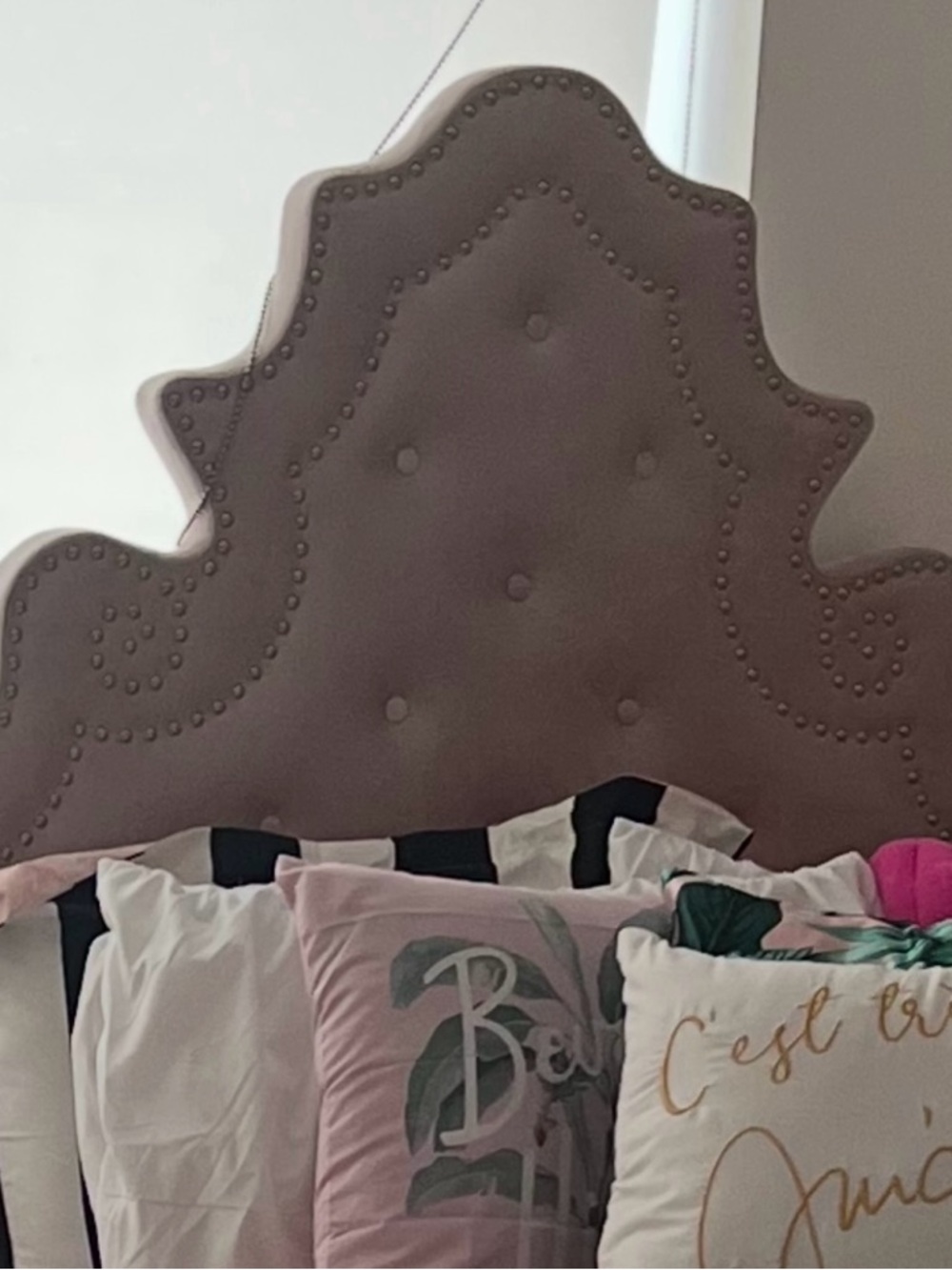 Scalloped Tufted Upholstered Headboard in Dusty Mauve
